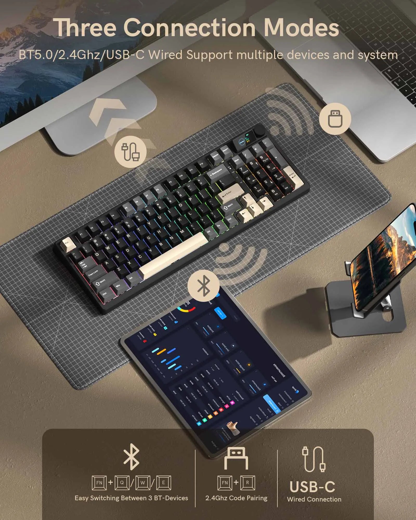 Womier M98 96% Retro 3 Mode Wireless Mechanical Keyboard With Screen Knob Hot Swappable Custom Gaming Creamy Keyboard for PC