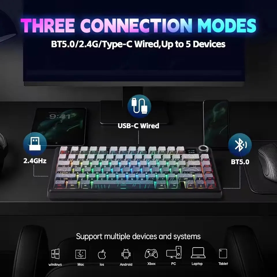 AULA F75 MAX Mechanical Keyboard 75% Wired/Bluetooth/2.4G Hot-Swap RGB E-sports Keyboard with TFT Screen for PC/Mac/Android ﻿