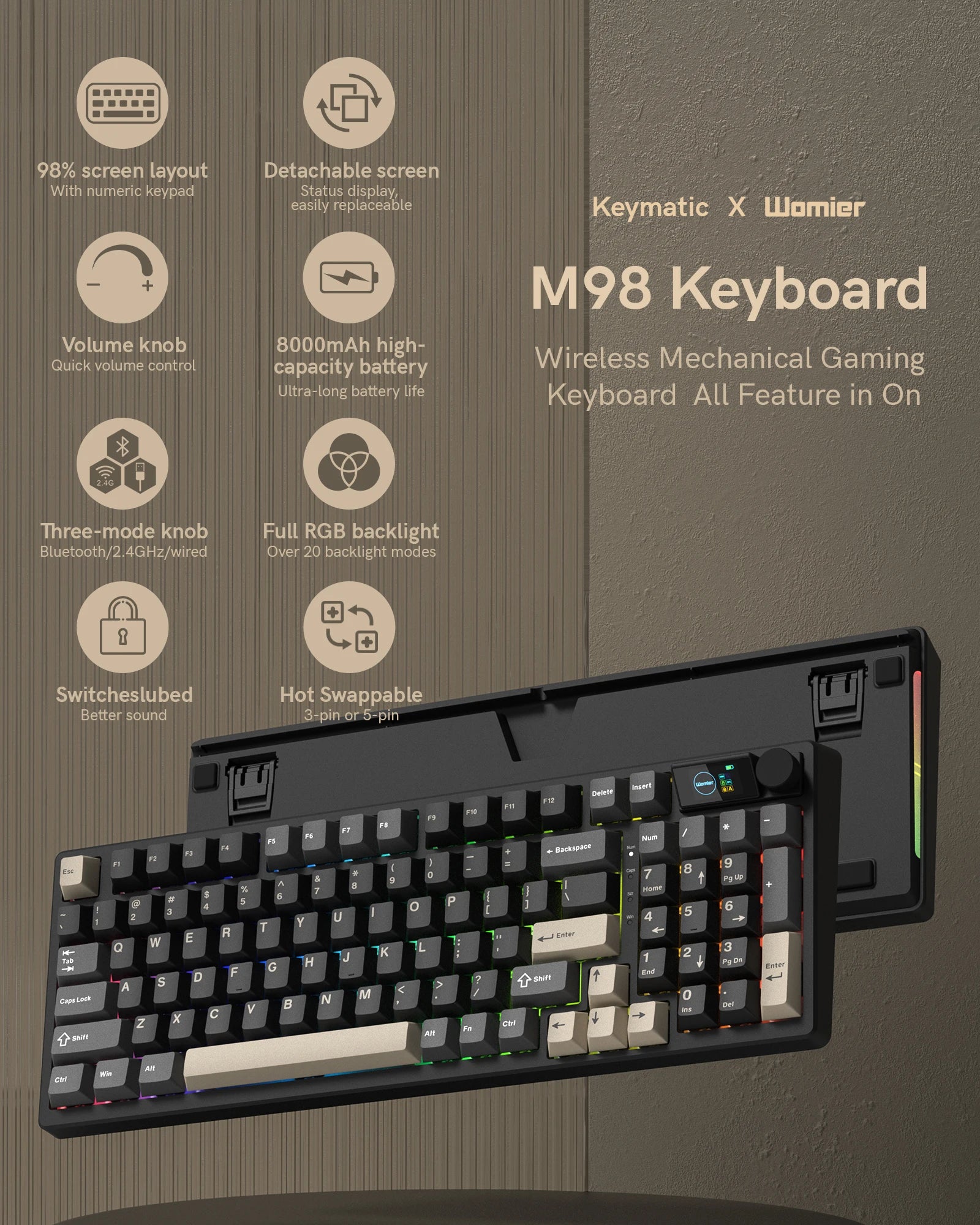 Womier M98 96% Retro 3 Mode Wireless Mechanical Keyboard With Screen Knob Hot Swappable Custom Gaming Creamy Keyboard for PC