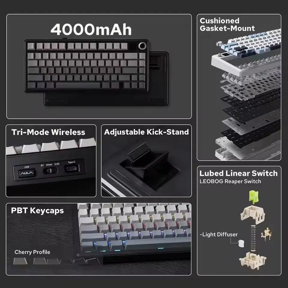 AULA F75 MAX Mechanical Keyboard 75% Wired/Bluetooth/2.4G Hot-Swap RGB E-sports Keyboard with TFT Screen for PC/Mac/Android ﻿
