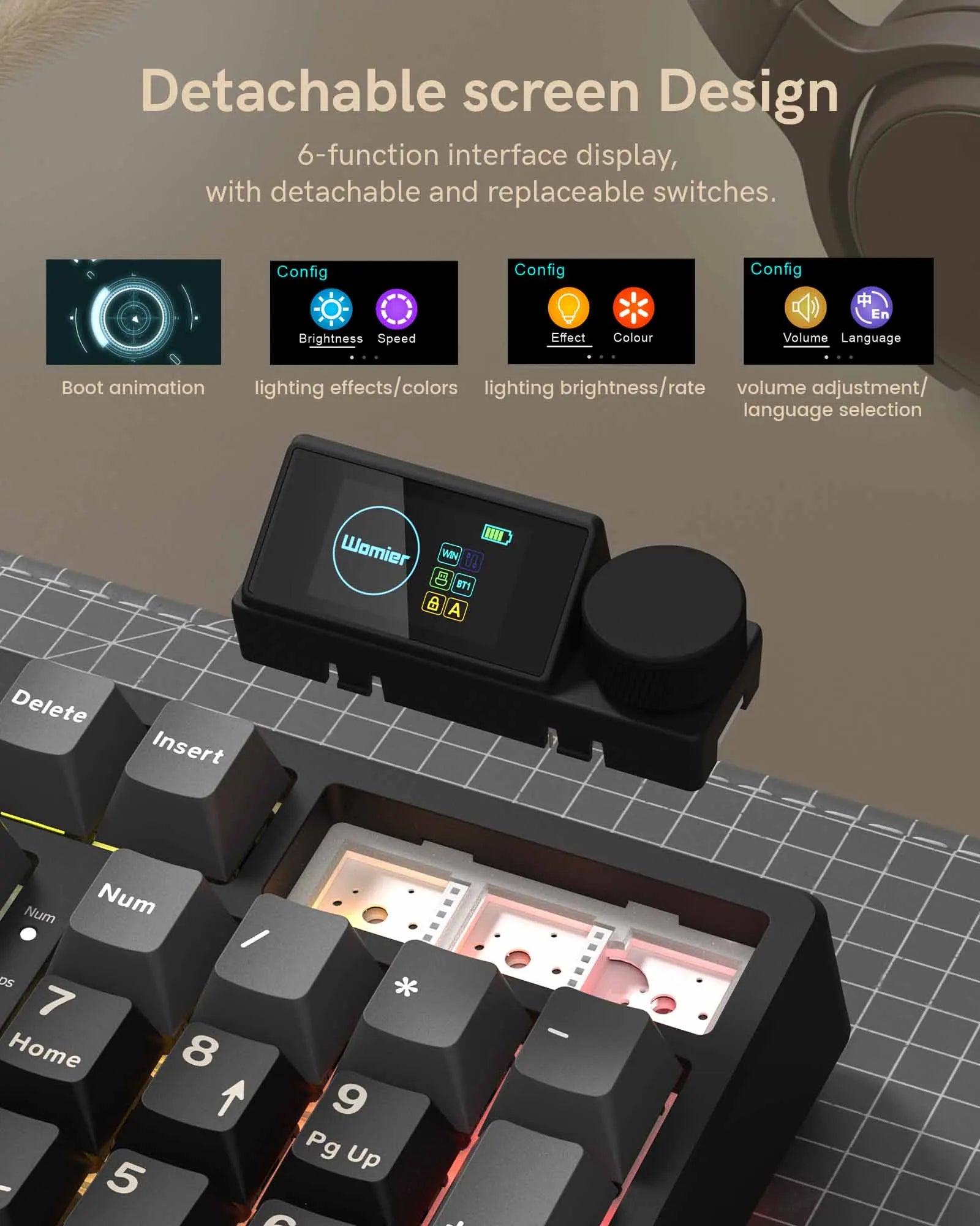 Womier M98 96% Retro 3 Mode Wireless Mechanical Keyboard With Screen Knob Hot Swappable Custom Gaming Creamy Keyboard for PC
